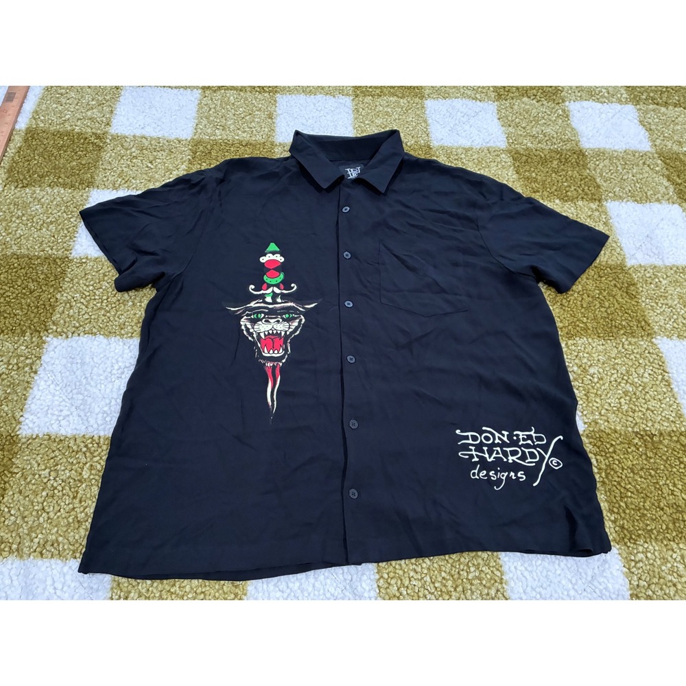 Ed Hardy Love Kills Slowly Black Viscose Button Up Shirt Panther Tattoo XL NEW - Picture 1 of 8
